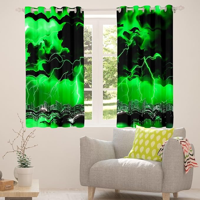 jejeloiu Green Thunder Lightning Window Drapes Cool Flashing Lightning Blackout - Image 4