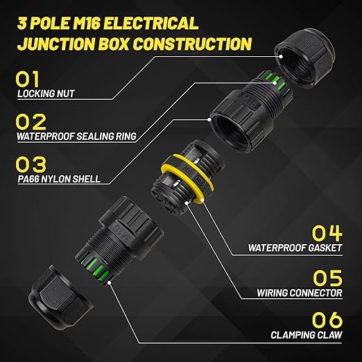 3 Pole Electrical Junction Box IP68 Waterproof, UL Certified M16 Wire Connector - Image 2