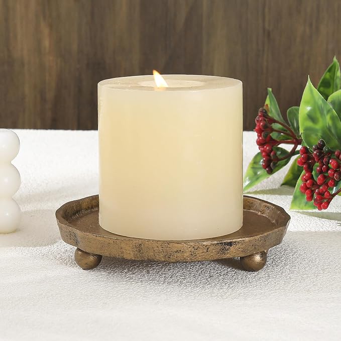 Vintage Cast Iron Pillar Candle Holder Plate, Rustic Brass Candle Tray | Round - Image 3