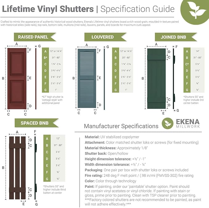 12"W x 43"H Lifetime Vinyl, Standard Two Equal Panels, Raised Panel Shutters - Image 11