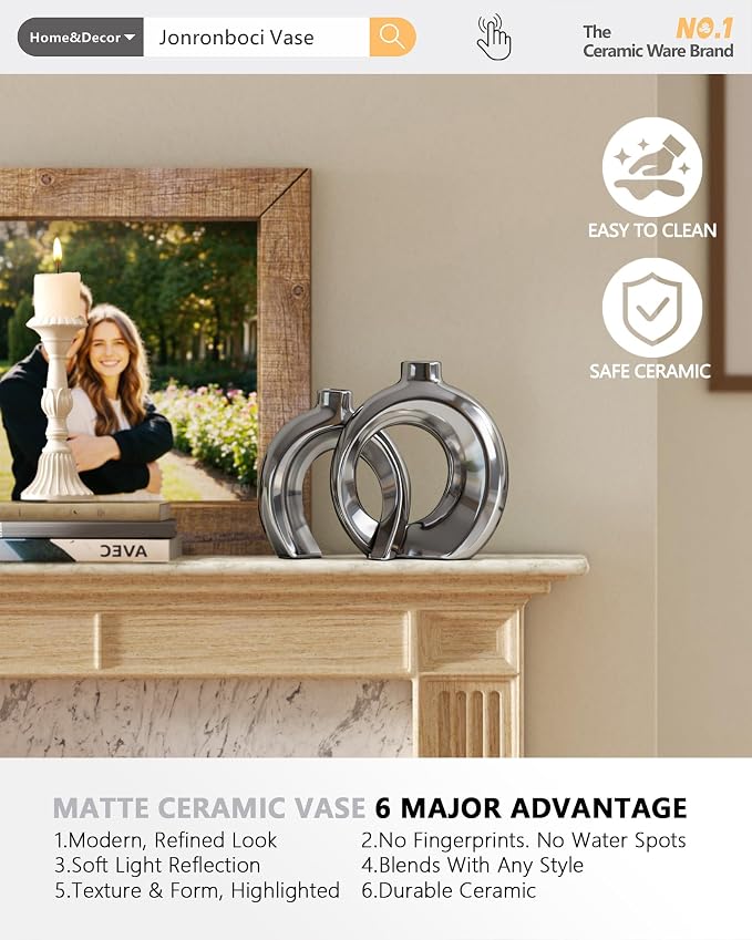 Set of 2 Silver Ceramic Vases for Home Decor Accents - Image 5