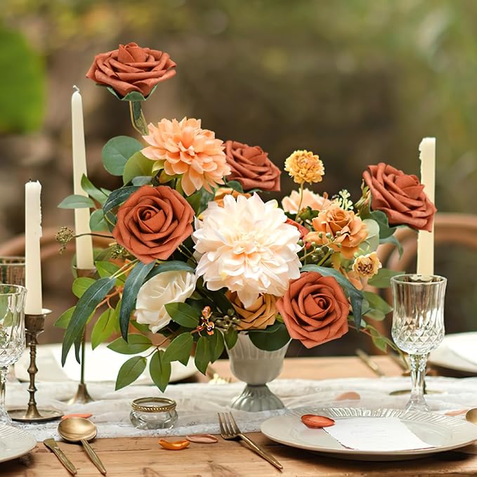 AmyHomie Burnt Orange Rose 25pcs Real Looking Artificial Flowers w/Stem | - Image 4
