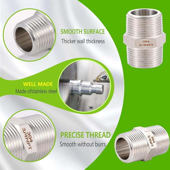 4PCS Hex Nipple 3/4" Male x 3/4" Male Pipe Fittings, 304 Stainless Steel 3/4 - Image 3