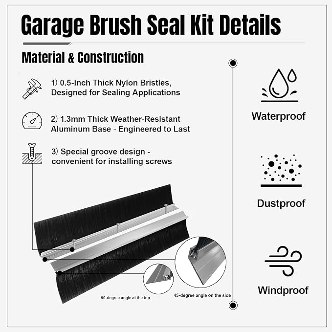 3" Garage Door Brush Seal for Top, Roll Up Doors 10 x 10ft, Nylon Brush - Image 3