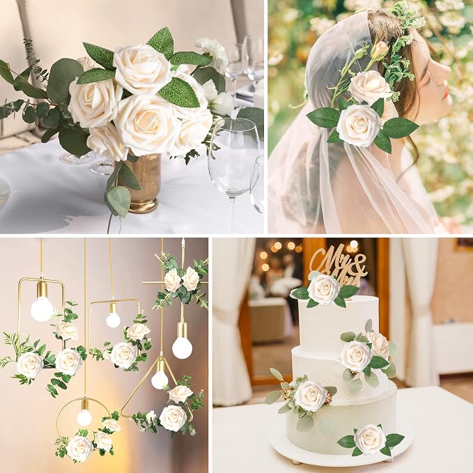 AmyHomie Champagne Rose 100pcs Real Looking Artificial Flowers w/Stem | Bouquet - Image 6