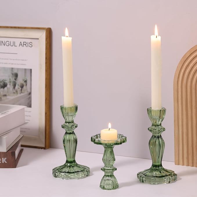 Green Candlestick Holders Set of 6, Glass Taper Candle Holders | 4.3" H & 6.3" H - Image 3