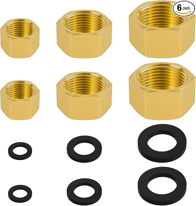 6 PCS Brass Pipe Caps with Rubber Gaskets by Unknown