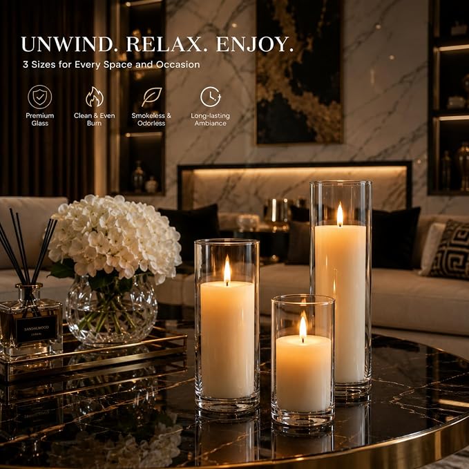 3 Sets Pillar Candles and Hurricane Glass Candle Holders Cylinder Vases - Image 5
