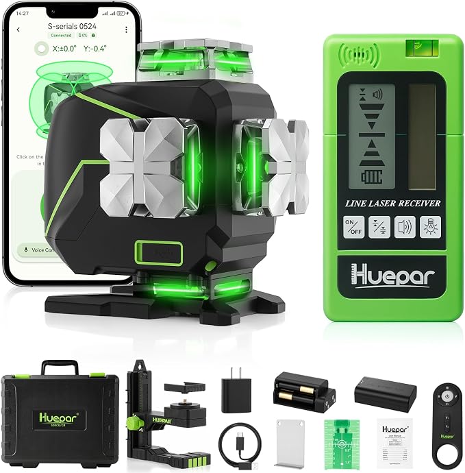 Huepar Laser Level 360 Self Leveling, S04CG 4x360° Green 4D Cross Line Laser by Huepar