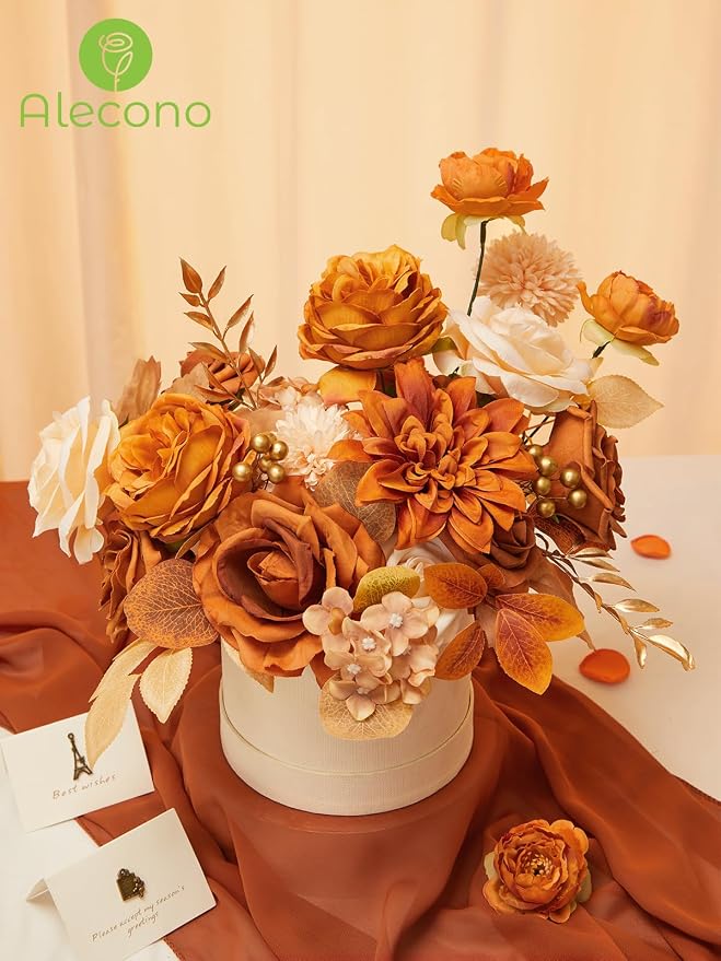 Alecono Orange Artificial Flowers, Silk Fake Fall Floral Set | - Image 2