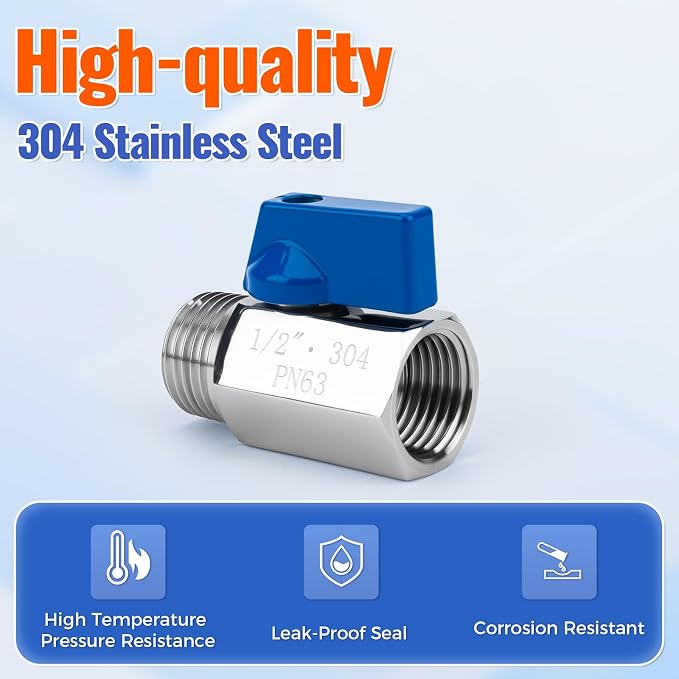 2 Pack 1/2" Mini Ball Valve, 304 Stainless Steel Water Flow Control Male x - Image 2