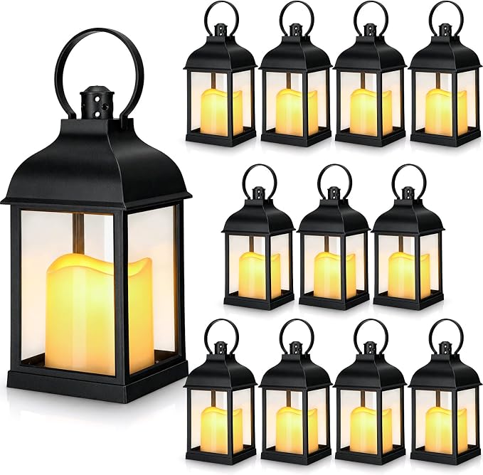12 Pack 10 Inch Black Decorative Candle Lantern Bulk LED Flameless | Lanterns by Kittmip