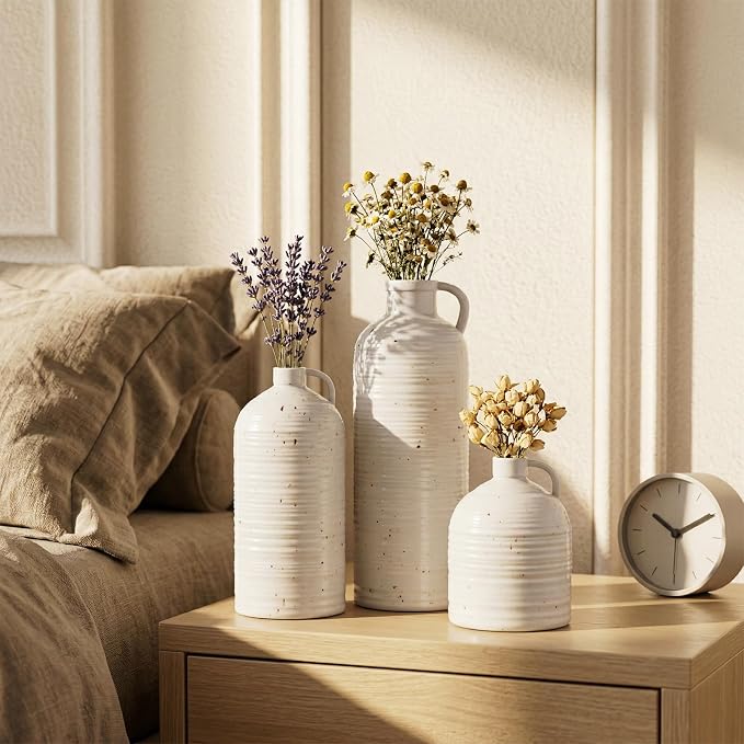 Firehold Ceramic Vase Set of 3 w/Handles, Rustic Farmhouse White Decor Vase | - Image 3