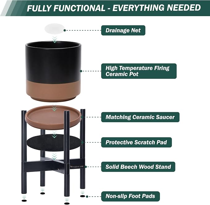 D'vine Dev Ceramic Pot with Ebony Wood Stand, 14 in, 55-B-S-7 | Mid-Century - Image 5