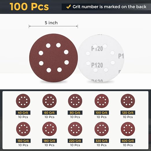 HARFINGTON 100Pcs 5Inch Sanding Disc 8 Hole Hook and Loop Sandpaper Red | - Image 2
