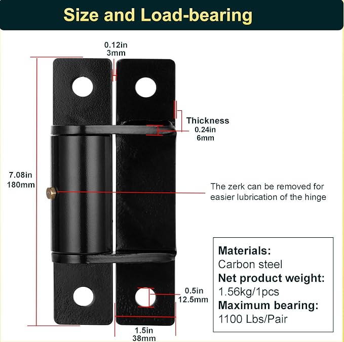 7in Heavy Duty Gate Hinges, 1100 lbs Max Load, 180° Smooth Open | 2Pcs - Image 5