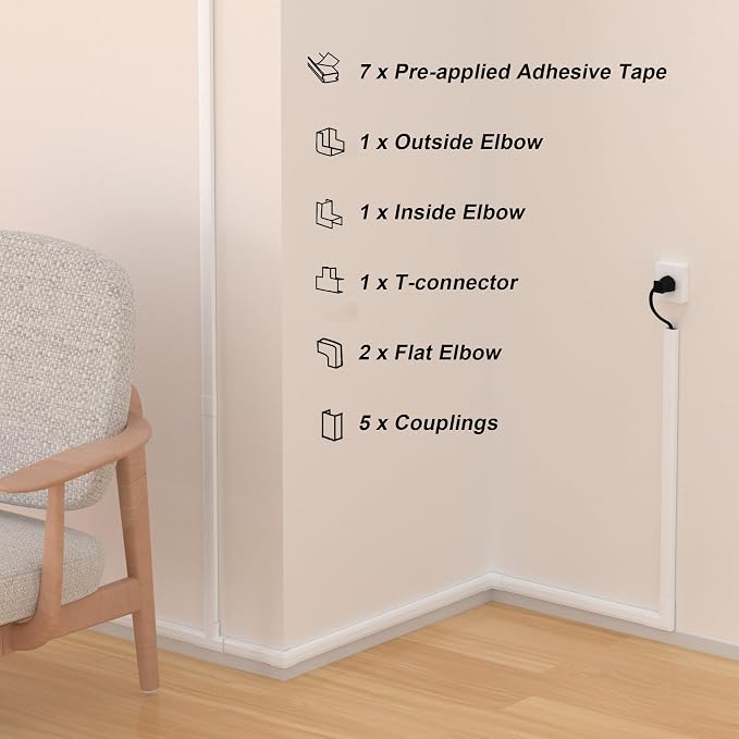 110in Cord Covers for Wires on Wall Kit, Simple Setup Wire Hider | Large Cord - Image 5