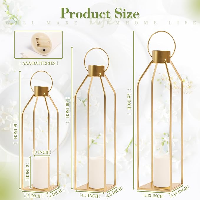 HPC DECOR Modern Farmhouse Lantern Decor- 22''19''16''Tall Large Gold Metal - Image 2