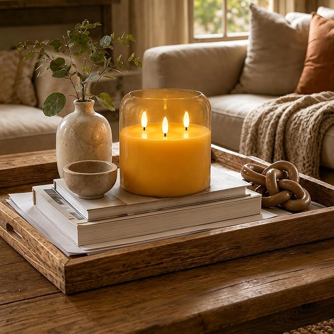 Homemory Amber Large Glass Flameless LED Candle, 3 Wicks, Remote Timer | 6"x6" - Image 4