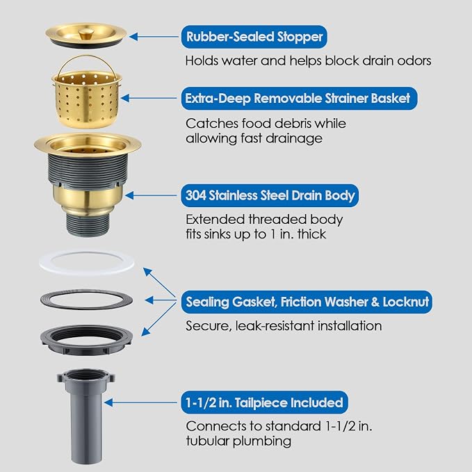 ROVOGO Kitchen Sink Drain Assembly Gold, Removable Deep Strainer Basket - Image 8