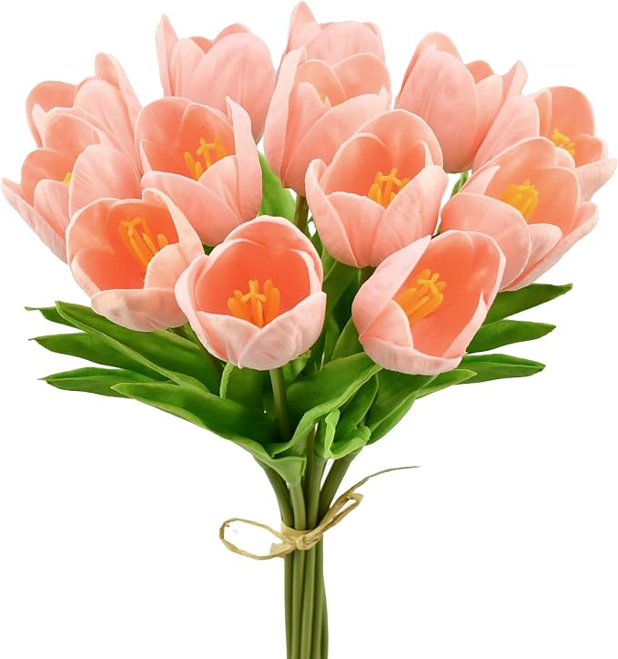 Mandy's 12pcs Artificial Light Pink Open Tulips | 13.5 Inch Lifelike PU Tulips by Mandys