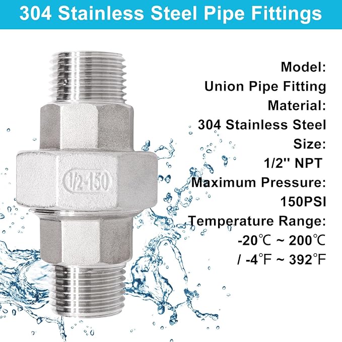 2PCS Cast Pipe Fittings Union, 1/2" NPT Male x 1/2" NPT Male 304 Stainless - Image 4