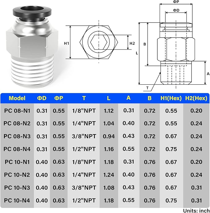 TAILONZ PNEUMATIC Male Straight 8mm Tube OD x 1/4 Inch NPT Thread Push to - Image 2