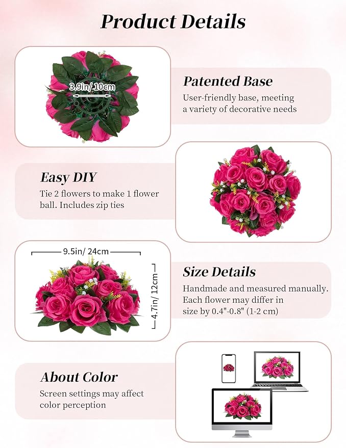 BLOSMON Hot Pink Flowers Artificial: 2 Pcs Fake Rose Balls Centerpieces | Faux - Image 6