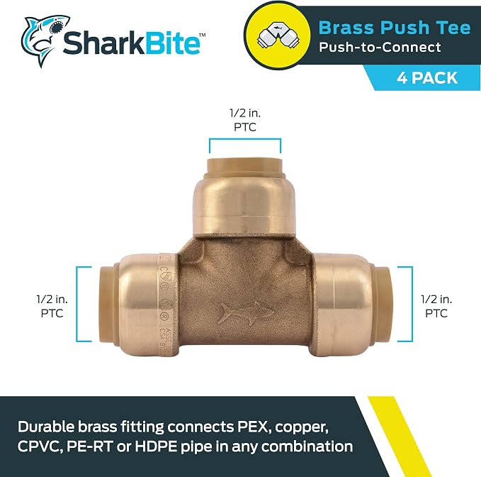 SharkBite 1/2 Inch Tee, Push to Connect Brass Plumbing Fitting, PEX Pipe - Image 2