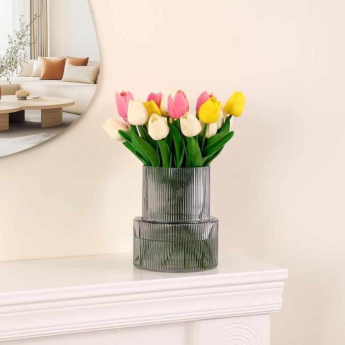Black Glass Vase, Ribbed Glass Vase - Image 4