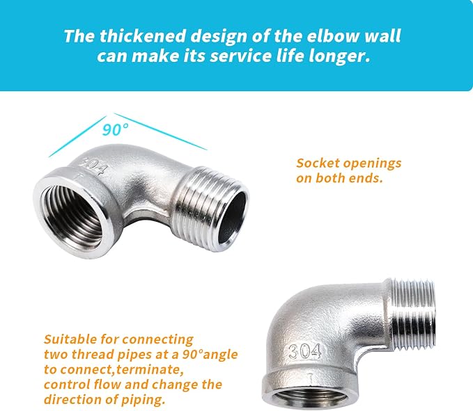 2Pcs 304 Stainless Steel 90 Degree Elbow 3/8" NPT Threaded Pipe Fitting Female - Image 3