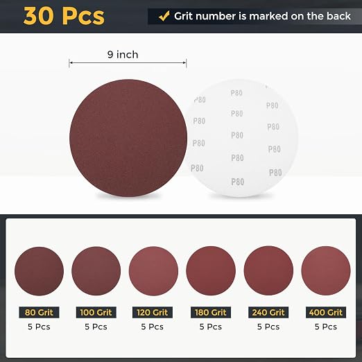 HARFINGTON 30Pcs 9Inch Sanding Disc Hook & Loop Sandpaper Aluminum Oxide | - Image 2