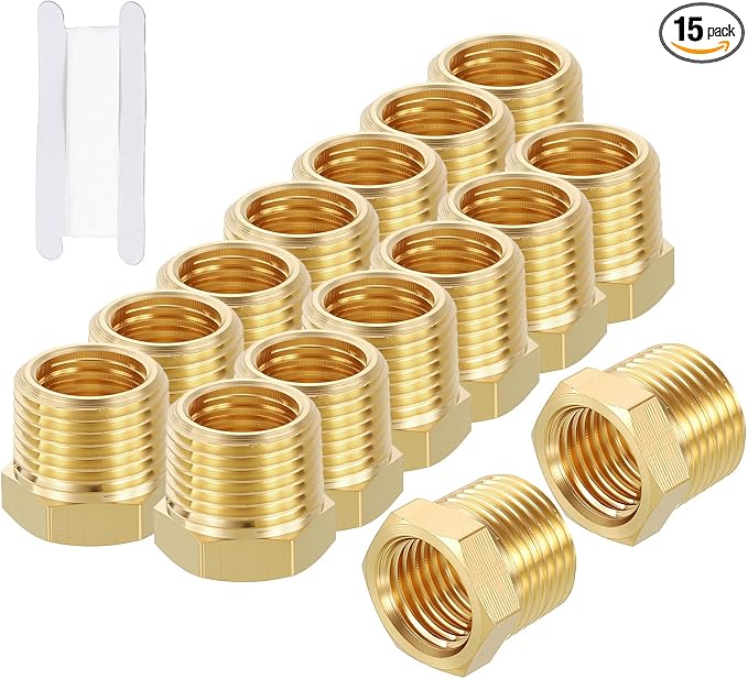 15 Pack Male to FeMale Adapters, 3/8" Male NPT x 1/4" FeMale NPT Brass Hex by Rebower
