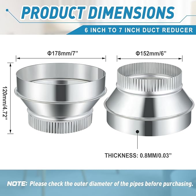 1 Pcs 7 Inch to 6 Inch Duct Reducer Increaser | Galvanized Steel Air Duct - Image 2