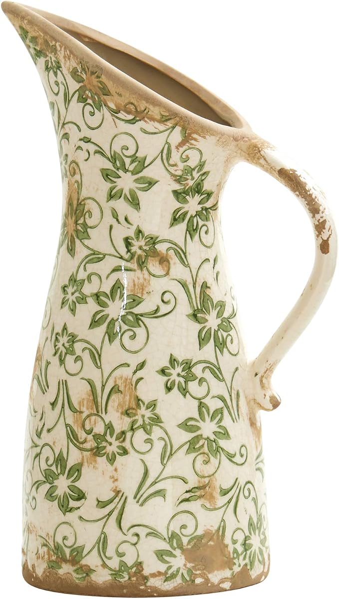 Nearly Natural 10 in Tuscan Ceramic Green Scroll Pitcher Vase | Artisanal by NearlyNatural