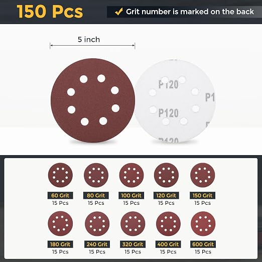 HARFINGTON 150Pcs 5Inch Sanding Disc 8 Hole Hook and Loop Sandpaper Red | - Image 2