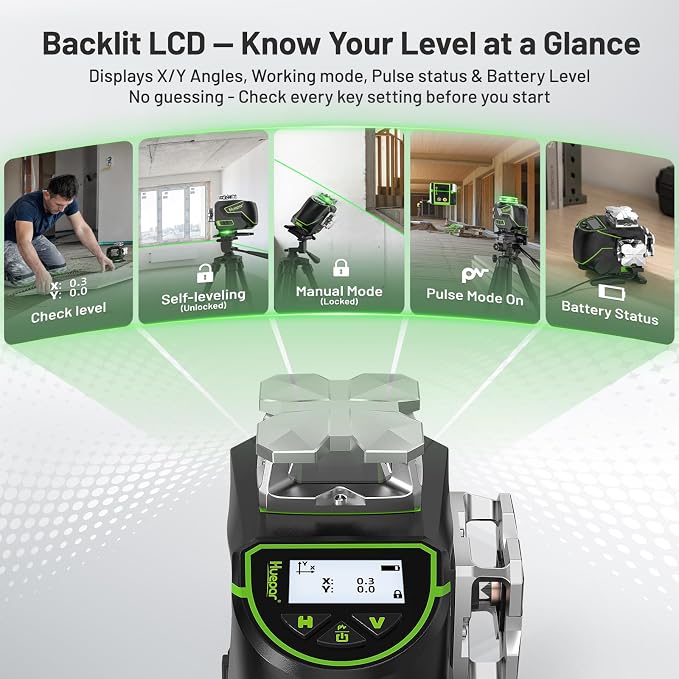 Huepar Laser Level 360 Self Leveling, S04CG 4x360° Green 4D Cross Line Laser - Image 2