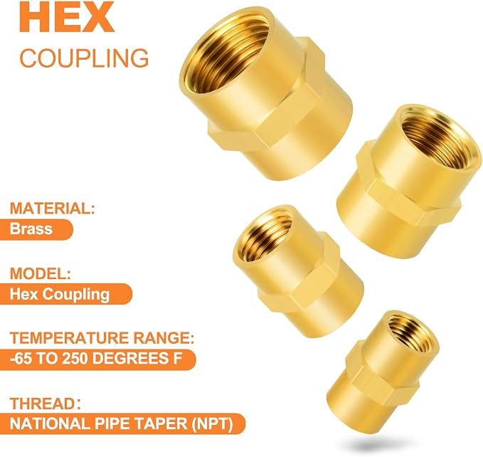 GASHER 8PCS Brass Pipe Fitting Hex Coupling Kit 1/8 inch 1/4 inch 3/8 inch 1/2 - Image 6