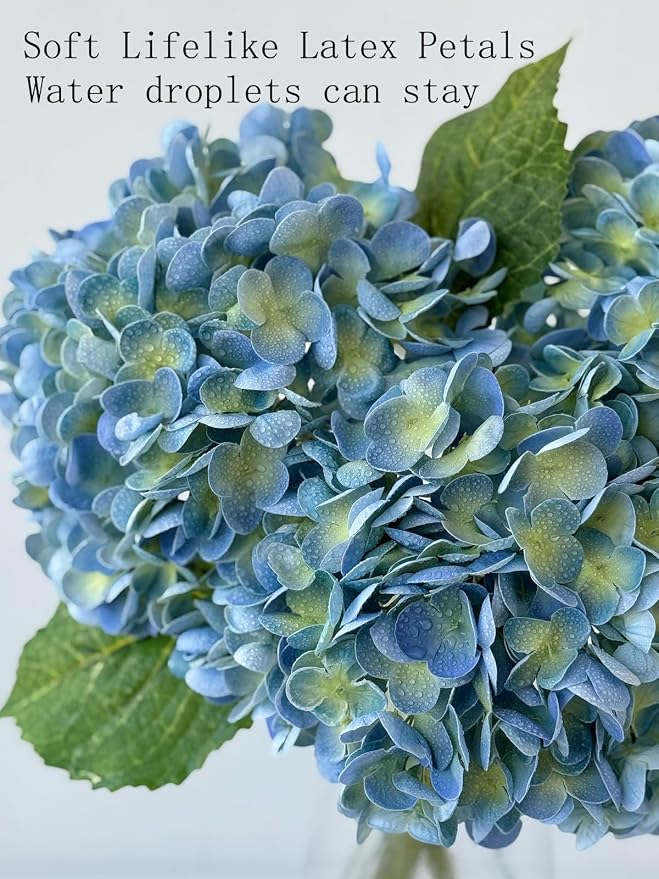 YalzoneMet 3 Pcs Blue/Green Hydrangea Artificial Flowers 21'' Real Touch Latex - Image 7