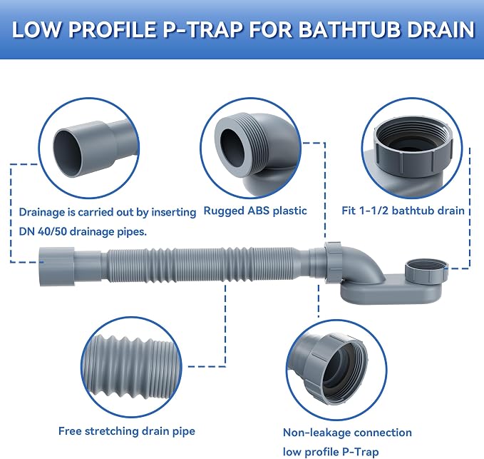 Flexible Freestanding Tub Drain Kit, Low Profile Flat P Trap - Image 2