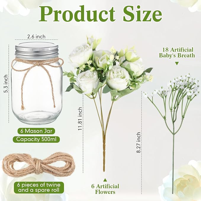 6 Sets Mason Jar Flowers Centerpiece Table Decorations, Artificial Peony Baby's - Image 4