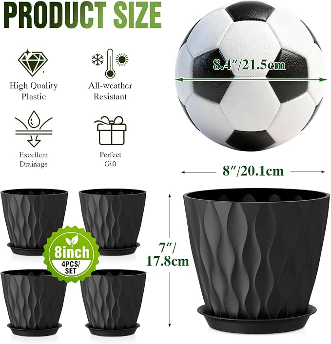 8 Inch Plant Pots 4 Pack Plastic Planters - Image 3