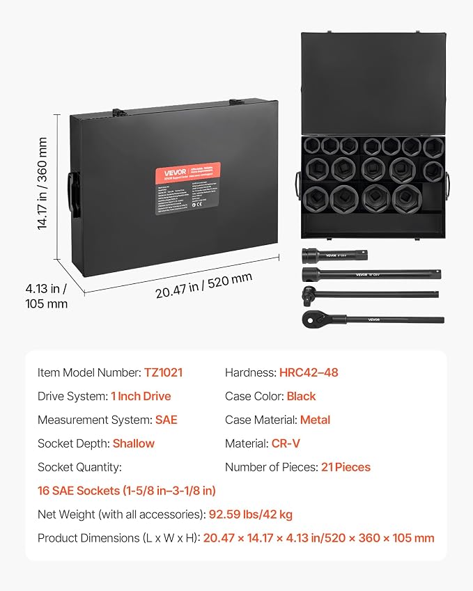 VEVOR 1 in Drive Impact Socket Set, 21 Piece, SAE | 6 Point Shallow Cr-V Impact - Image 7
