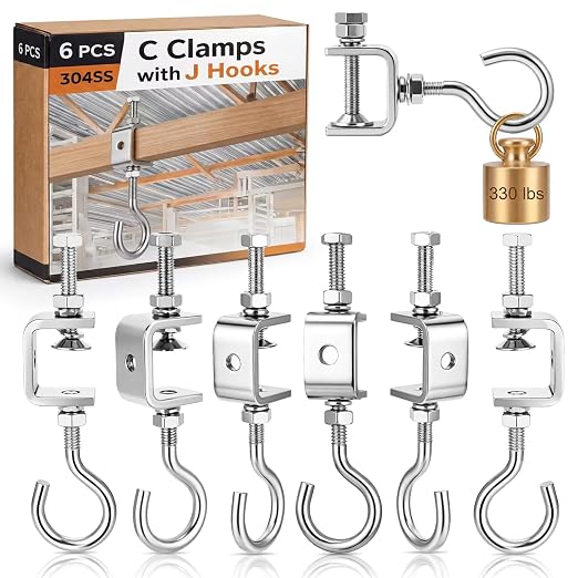 6 Pack C Clamp with J Hook, 1 Inch Heavy Duty Beam Clamp Hanger, 304 Stainless by Moxweyeni