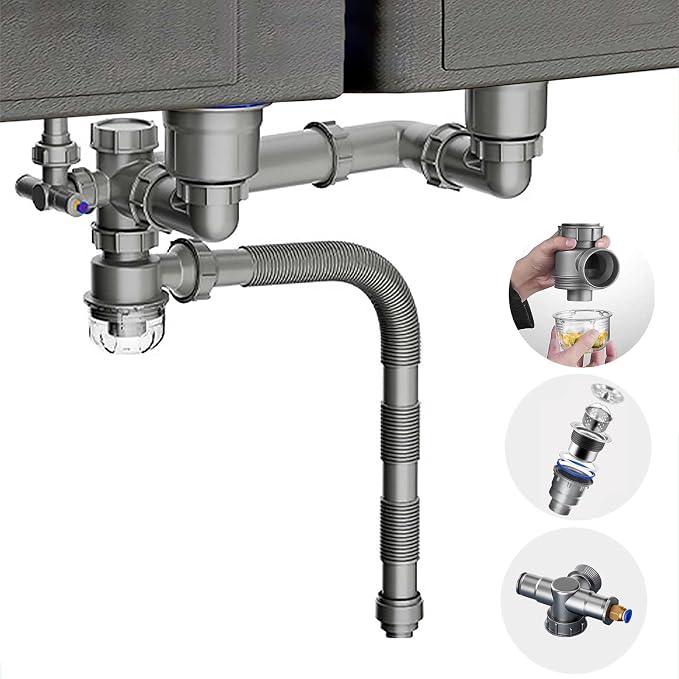 Double Sink Drain Kit Space Saving Kitchen Sink Drain Kit Expandable Flexible 1 - Image 3