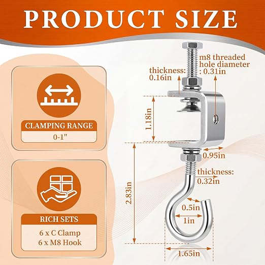 6 Pack C Clamp with J Hook, 1 Inch Heavy Duty Beam Clamp Hanger, 304 Stainless - Image 3