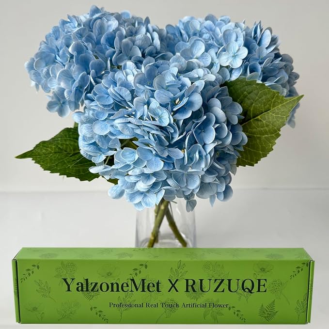 YalzoneMet Real Touch Hydrangea Artificial Flowers 3 Pcs 21 inches Light Blue by YalzoneMet