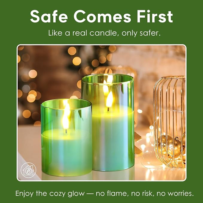 Green Glass Flameless Pillar Candles - Image 6