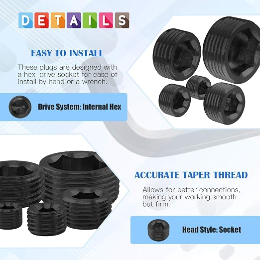 Glarks 60Pcs Carbon Steel 1/8'' 1/4'' 3/8'' 1/2'' 3/4'' NPT Pipe Plug Fitting - Image 3