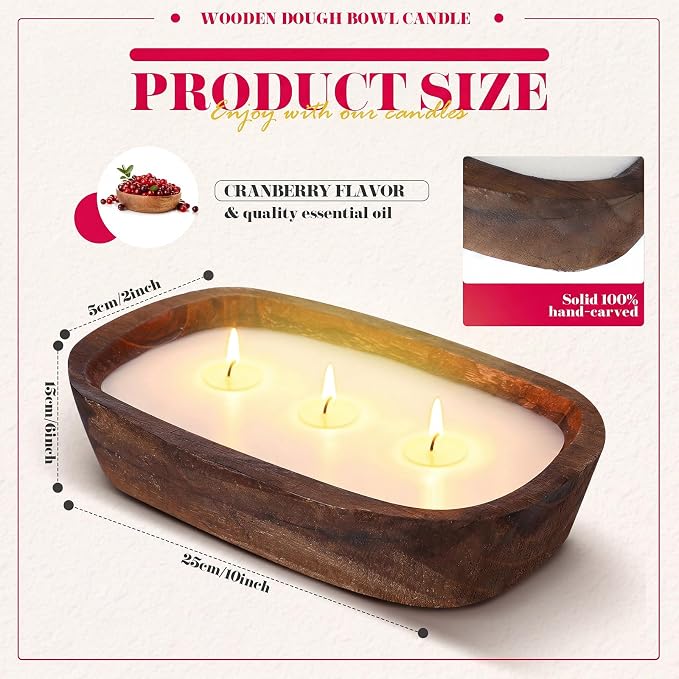 Threlaco 1 Pack 10 Inch Wood Dough Bowl Candles Home Rustic Dough Bowl Soy - Image 2